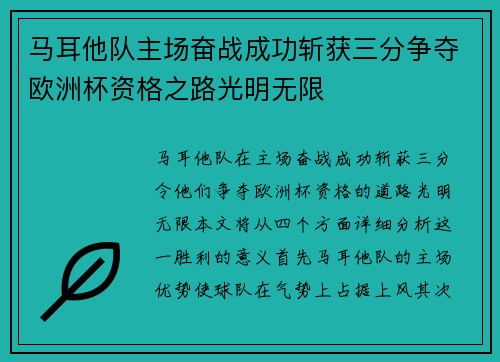 马耳他队主场奋战成功斩获三分争夺欧洲杯资格之路光明无限