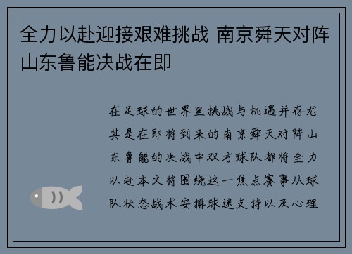 全力以赴迎接艰难挑战 南京舜天对阵山东鲁能决战在即