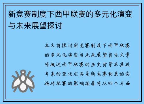 新竞赛制度下西甲联赛的多元化演变与未来展望探讨