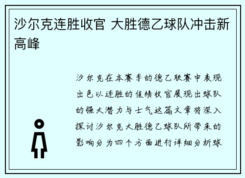 沙尔克连胜收官 大胜德乙球队冲击新高峰