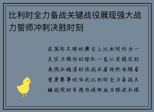比利时全力备战关键战役展现强大战力誓师冲刺决胜时刻