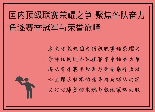 国内顶级联赛荣耀之争 聚焦各队奋力角逐赛季冠军与荣誉巅峰