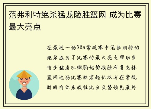 范弗利特绝杀猛龙险胜篮网 成为比赛最大亮点