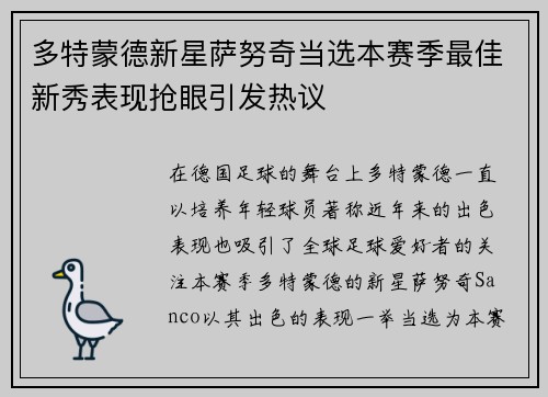 多特蒙德新星萨努奇当选本赛季最佳新秀表现抢眼引发热议