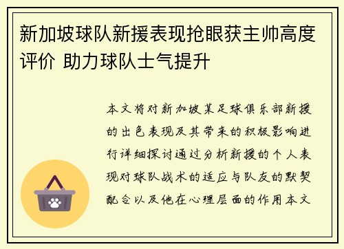 新加坡球队新援表现抢眼获主帅高度评价 助力球队士气提升