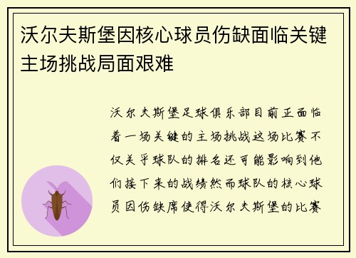 沃尔夫斯堡因核心球员伤缺面临关键主场挑战局面艰难