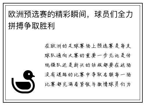 欧洲预选赛的精彩瞬间，球员们全力拼搏争取胜利