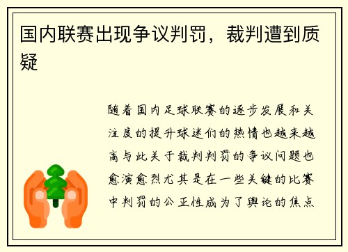 国内联赛出现争议判罚，裁判遭到质疑
