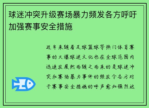 球迷冲突升级赛场暴力频发各方呼吁加强赛事安全措施