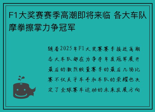 F1大奖赛赛季高潮即将来临 各大车队摩拳擦掌力争冠军